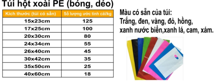 kích thước túi pe hột xoài